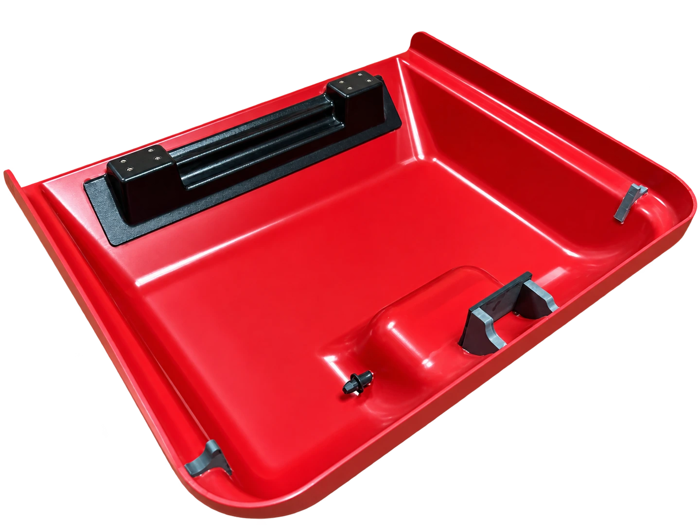Red formed plastic housing with fitted components