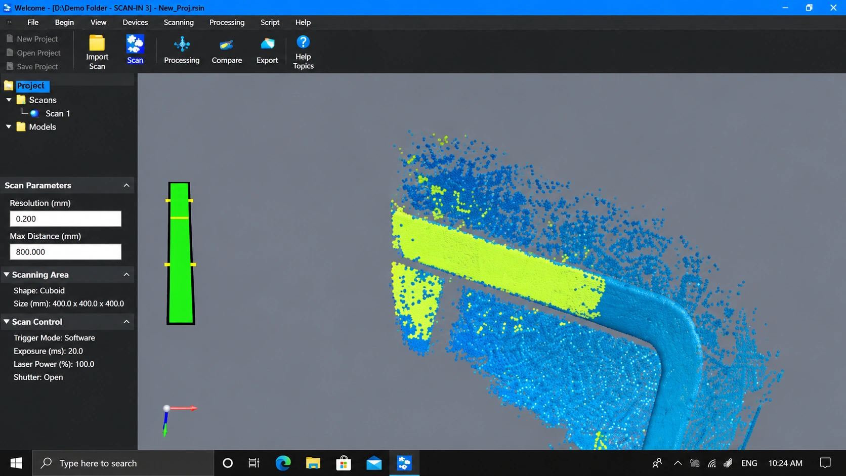 Creaform scan software showing the captured component geometry